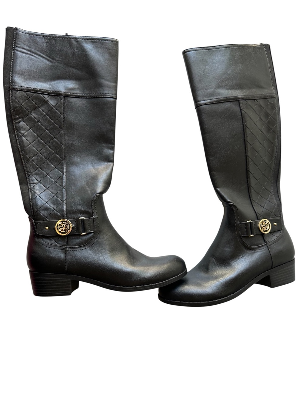 Liz Claiborne L-Trino Black Quilted Knee High Boots Gold Hardware Sz 7.5M